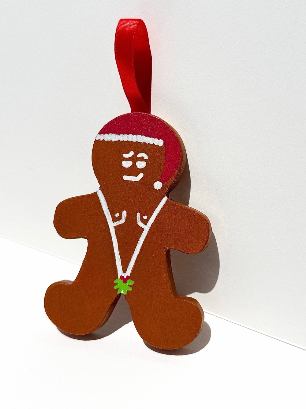 Handpainted Gingerbread Man Holiday Ornament - Red Ribbon